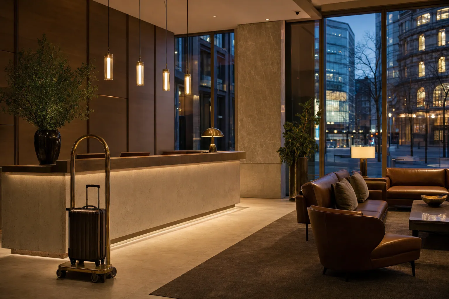 A city hotel lobby in the evening: a long stone reception desk, a luggage trolley and tall windows onto the city