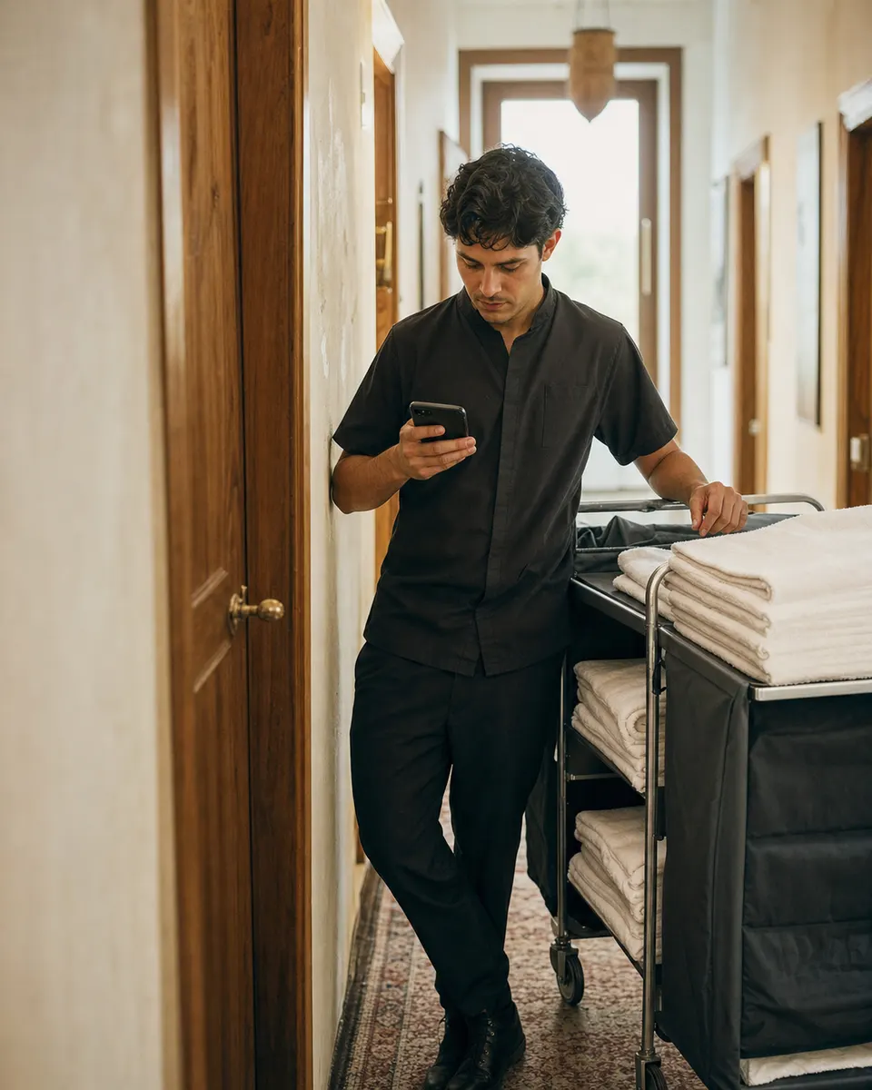 A housekeeper checks his phone beside a linen cart in a hotel corridor