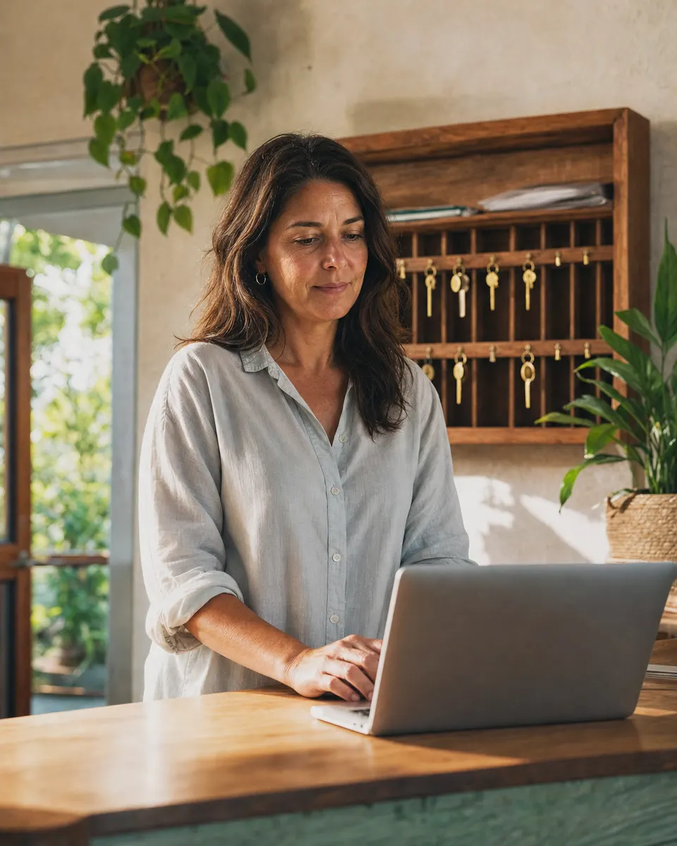 A hotel owner reviews the day on a laptop at her reception, a key cabinet behind her