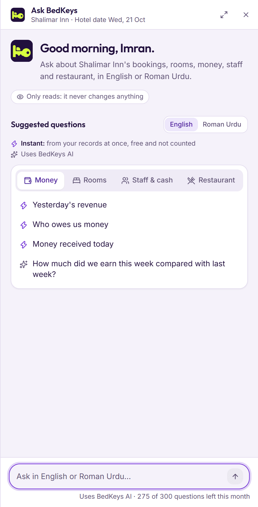 The Ask BedKeys panel: suggested questions by Money, Rooms, Staff and cash and Restaurant, in English or Roman Urdu