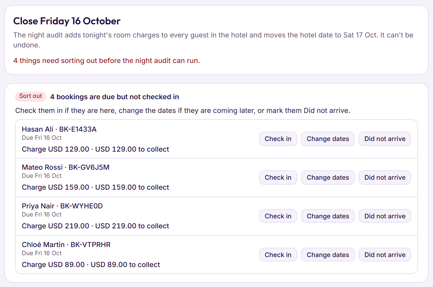 BedKeys night audit: four bookings due but not checked in must be sorted out before the day can close