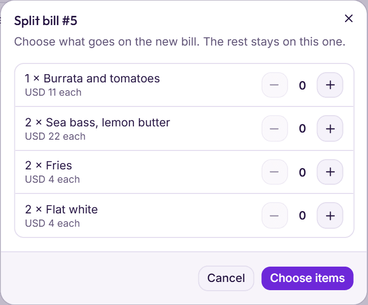 Split bill in BedKeys: choose how many of each dish move to the new bill