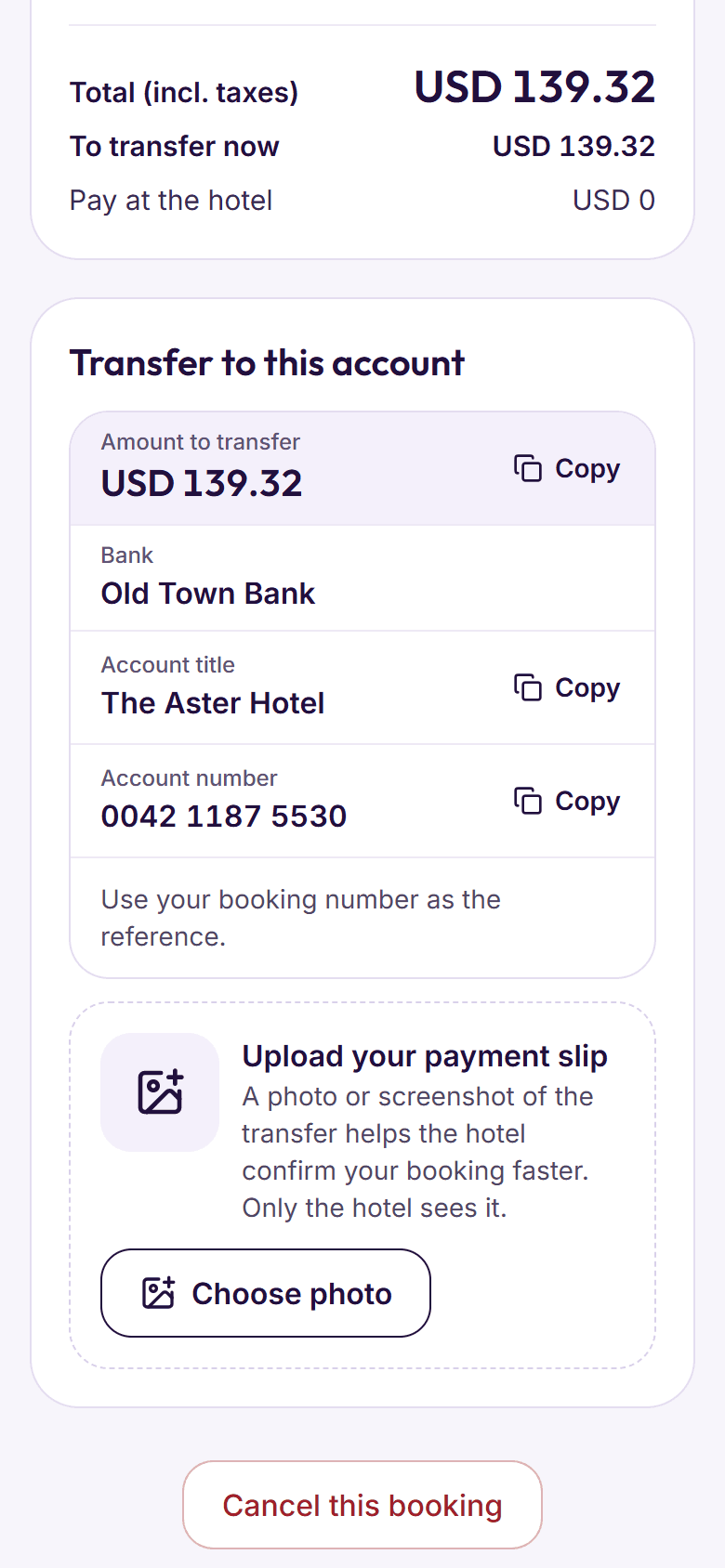 A guest managing their booking: the hotel’s bank details, a slip to upload, and Cancel this booking