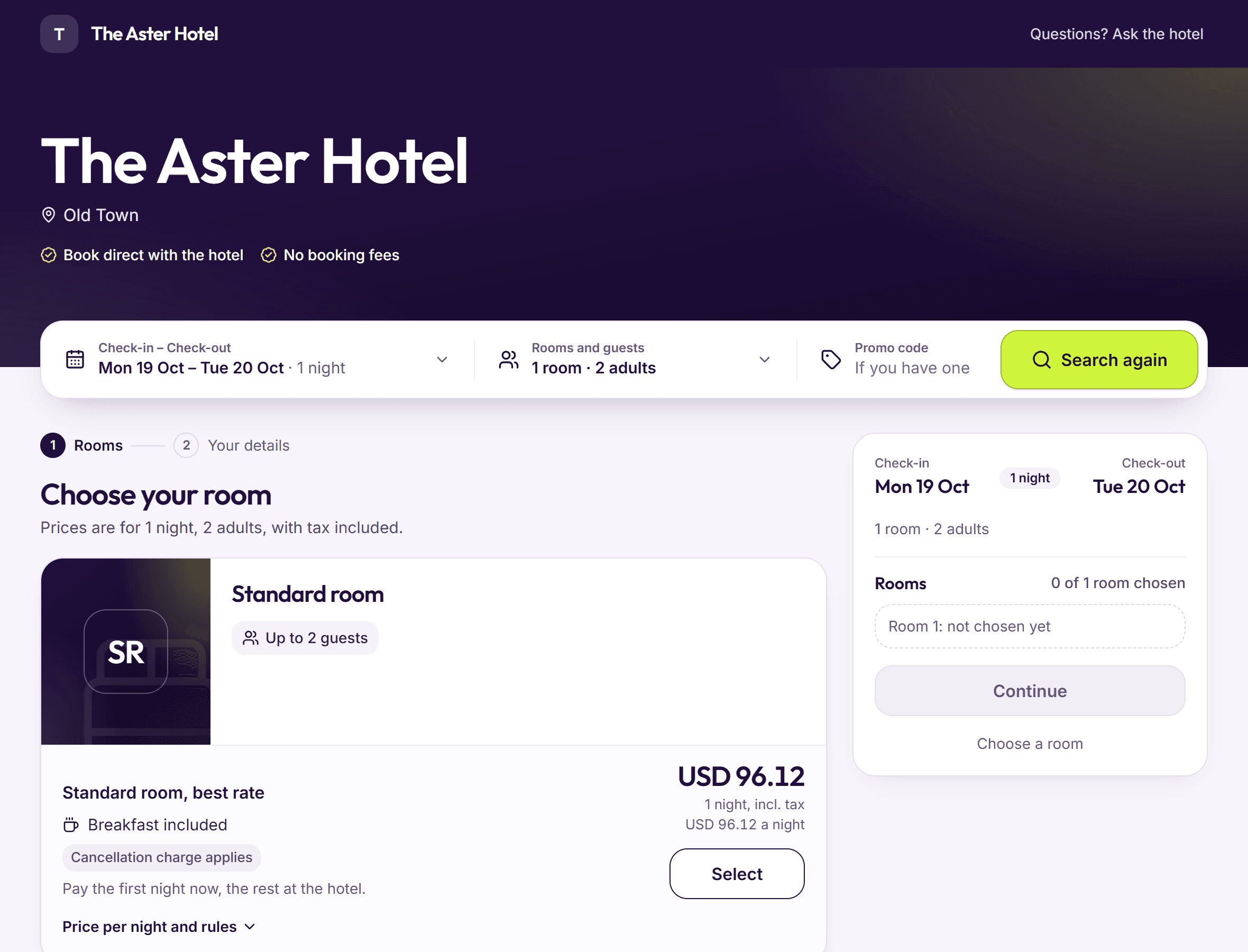 A hotel’s BedKeys booking page: dates and guests, a room with its price including tax, and the booking summary