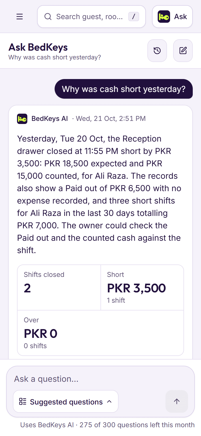 Ask BedKeys on a phone: the answer to “Why was cash short yesterday?” with the shift’s figures