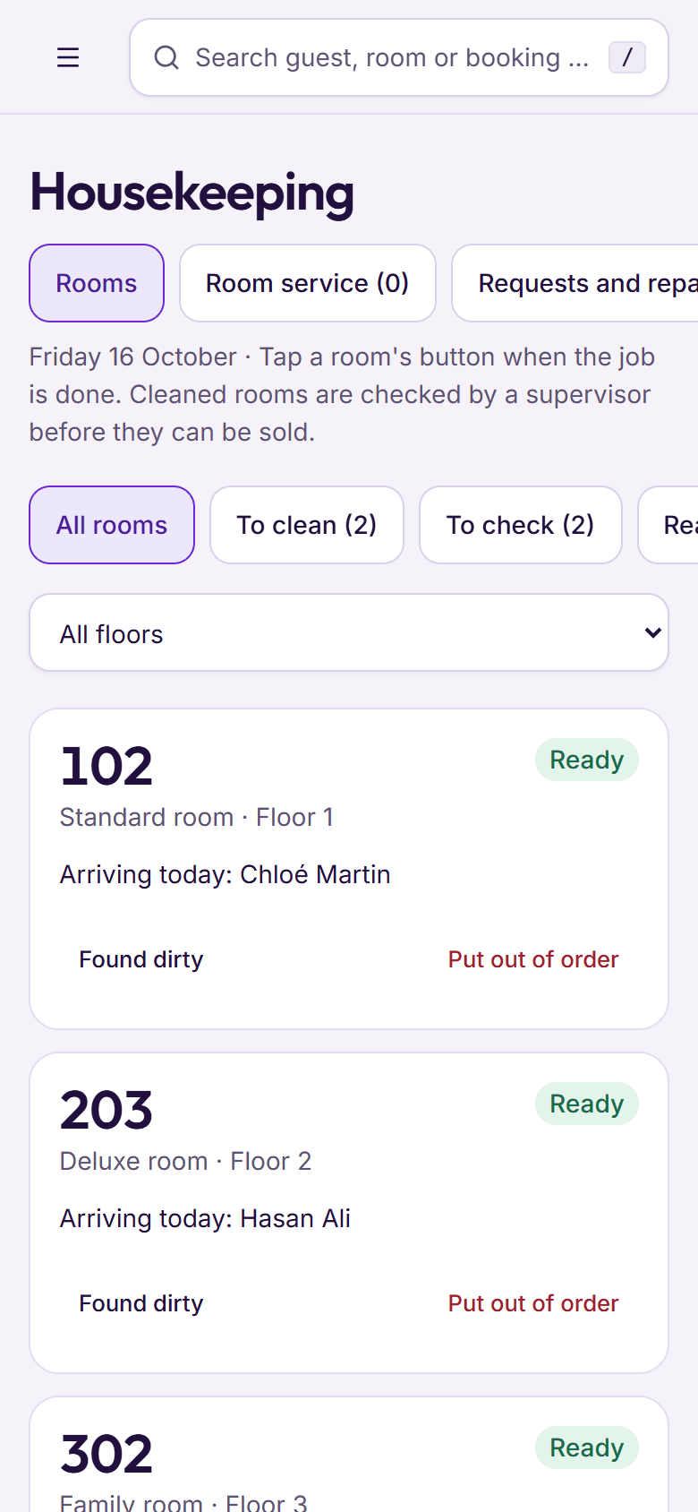 BedKeys housekeeping on a phone: rooms with a guest arriving today come first