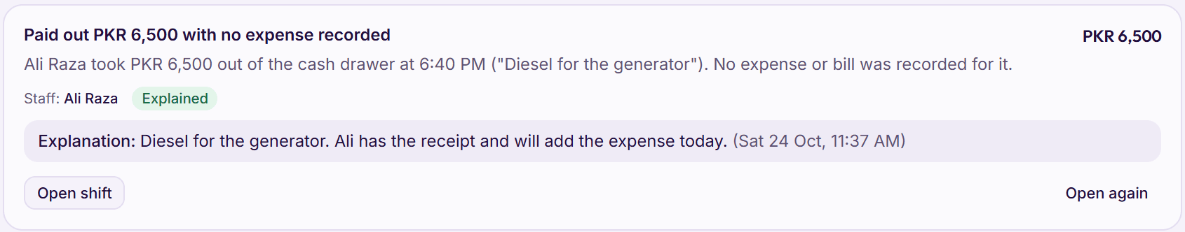 A Watchdog finding marked Explained by the owner: a Paid out of PKR 6,500 for diesel, with the owner’s note