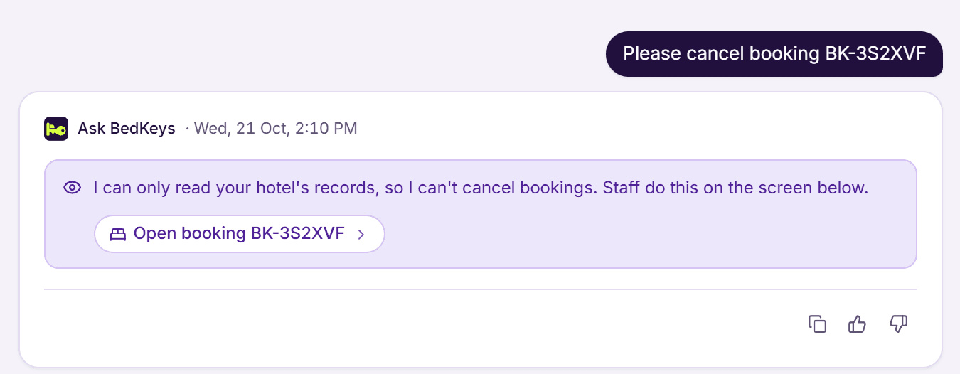Asked to cancel a booking, Ask BedKeys says it can only read the hotel’s records and links the booking where staff can do it