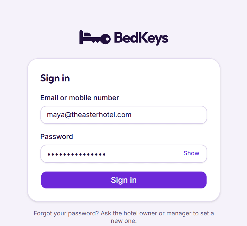 The BedKeys sign-in page: email or mobile number and a password