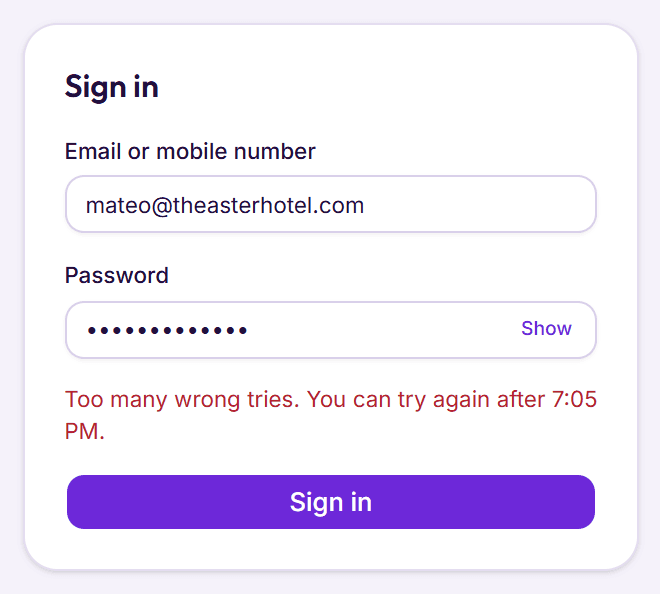 BedKeys sign-in after five wrong passwords: Too many wrong tries, with the time the sign-in opens again