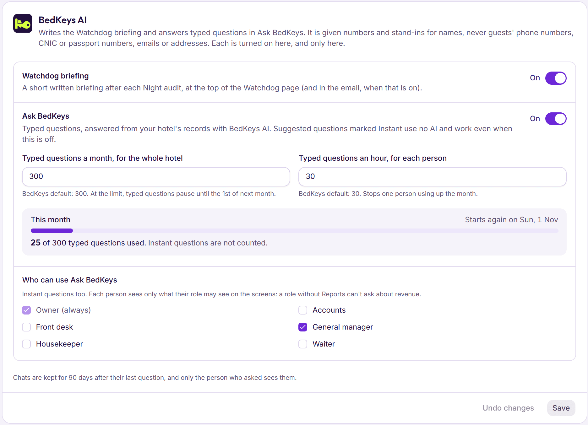 Settings, BedKeys AI: the Watchdog briefing and Ask BedKeys switches, the monthly and hourly question limits, this month’s use, and who can use Ask BedKeys